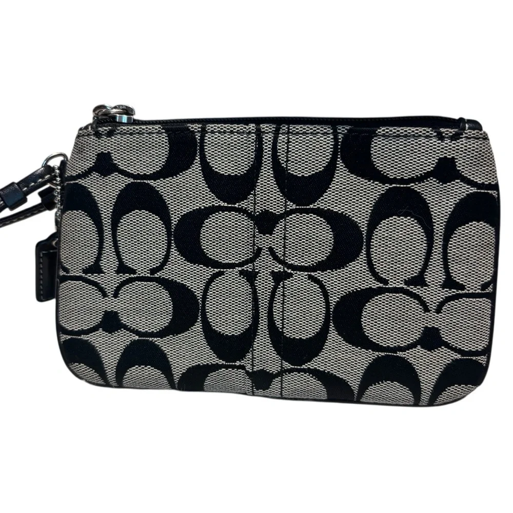 Coach Wristlet Pouch Signature C Black Gray Canvas Leather Trim Zip-Up Silver